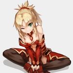  bare_shoulders black_legwear blonde_hair breasts cleavage commentary_request detached_sleeves eyebrows_visible_through_hair fate/apocrypha fate_(series) feet_together green_eyes grin highres looking_at_viewer midriff mordred_(fate) mordred_(fate)_(all) navel one_eye_closed pelvic_curtain ponytail red_scrunchie scrunchie simple_background sitting small_breasts smile solo sue_(bg-bros) thighhighs v_arms 