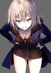 3: artist_name bangs black_dress blonde_hair blush breasts coat collarbone cosplay cowboy_shot downblouse dress eyebrows_visible_through_hair fate/grand_order fate_(series) fur_collar grey_background hands_on_hips highres jacket jeanne_d'arc_(alter)_(fate) jeanne_d'arc_(fate)_(all) jewelry kouyafu leaning_forward long_hair looking_at_viewer medium_breasts necklace open_clothes open_coat open_mouth short_dress signature simple_background solo v-shaped_eyebrows wicked_dragon_witch_ver._shinjuku_1999 yellow_eyes 