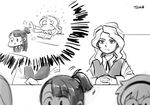  blush chibi chibi_inset commentary_request diana_cavendish greyscale highres imagining kagari_atsuko little_witch_academia lotte_jansson monochrome multiple_girls out_of_character playing_with_another's_hair ponytail school_uniform serious sitting sucy_manbavaran tama9toma thinking 