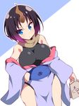  bag bare_legs bare_shoulders black_hair black_legwear blue_eyes blue_ribbon breasts commentary cowboy_shot dragon_girl elma_(maidragon) food gradient gradient_hair hand_on_hip holding hoppege horn japanese_clothes kimono kobayashi-san_chi_no_maidragon large_breasts leotard_under_clothes long_sleeves looking_at_viewer multicolored_hair obi off_shoulder open_clothes open_kimono paper_bag purple_hair ribbon sash scarf short_hair skin_tight sleeveless slit_pupils solo standing sweatdrop taiyaki wagashi wide_sleeves 