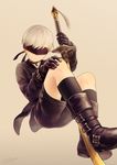  artist_name black_gloves blindfold boots choker gloves light_frown male_focus nier_(series) nier_automata noeyebrow_(mauve) shorts silver_hair solo sword weapon yorha_no._9_type_s 