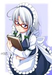  2017 ahoge apron arm_garter bespectacled blue_dress blue_eyes book book_hug bow braid breasts closed_mouth commentary_request dated dress from_above glasses green_bow green_ribbon hair_bow holding holding_book izayoi_sakuya juliet_sleeves long_sleeves looking_up maid maid_headdress medium_breasts neck_ribbon puffy_sleeves red-framed_eyewear ribbon signature silver_hair solo tatsuya_(guild_plus) touhou twin_braids waist_apron 