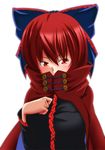  black_shirt blue_bow blush bow breasts cape commentary_request covered_mouth hair_bow high_collar long_sleeves looking_at_viewer medium_breasts red_eyes red_hair sekibanki shirt short_hair solo tatsuya_(guild_plus) touhou upper_body white_background 