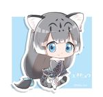  animal_ears animal_print blue_background blue_eyes blue_ribbon border character_name chibi commentary_request eyebrows_visible_through_hair frilled_sleeves frills from_side full_body grey_hair hair_ornament hair_ribbon jpeg_artifacts kemono_friends leopard_ears leopard_print leopard_tail long_hair long_sleeves low-tied_long_hair multicolored_hair obi outline outside_border ribbon sandals sash shadow sleeves_past_wrists smile snow_leopard_(kemono_friends) solo standing tail tareme tatsuno_newo thighhighs twitter_username white_border white_hair white_outline wide_sleeves 