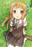  arm_support black_skirt brown_eyes brown_hair bunbun from_above grass grey_ribbon hair_ribbon highres long_hair looking_at_viewer looking_up nogi_sonoko novel_illustration official_art open_mouth outdoors pantyhose pleated_skirt ribbon school_uniform shinju-kan_uniform sitting skirt solo washio_sumi_wa_yuusha_de_aru white_legwear yuusha_de_aru 