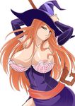  adjusting_clothes adjusting_hat areola_slip areolae armpits arms_up bare_shoulders breasts cleavage collarbone covered_nipples cowboy_shot detached_sleeves dragon's_crown dress forester hat holding holding_staff large_breasts long_hair looking_at_viewer orange_eyes parted_lips purple_dress side_slit solo sorceress_(dragon's_crown) staff strapless strapless_dress white_background witch_hat 