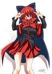  bare_legs black_blouse blouse blush bow breasts cape hair_bow large_breasts long_sleeves miniskirt pleated_skirt red_cape red_eyes red_hair red_skirt sekibanki skirt tatsuya_(guild_plus) touhou 
