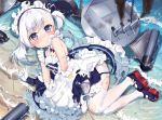  1girl armpit_crease azur_lane bangs bare_shoulders beach belchan_(azur_lane) belfast_(azur_lane) blue_choker blush burnt_clothes buttons caustics choker closed_mouth day dress embarrassed eyebrows_visible_through_hair frilled_dress frills from_above long_hair looking_at_viewer machinery maid maid_headdress mamemena mary_janes one_side_up outdoors pantyhose partially_submerged purple_eyes ribbon_choker rudder_footwear shoes sitting sleeveless sleeveless_dress smoke solo swept_bangs torn_clothes torpedo turret water wavy_mouth white_hair white_legwear yokozuwari 