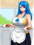  apron bare_shoulders black_skirt blue_hair breasts chemise cleavage collarbone commentary cowboy_shot curry curry_rice erkaz food hairband holding holding_plate huge_breasts kitchen long_hair looking_at_viewer mature older original plate plump red_eyes rice rina_atherina skirt smile solo 