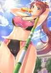  arm_behind_head ass_visible_through_thighs bangs blue_sky blurry blush bottle brown_hair cameltoe cloud cloudy_sky commentary_request day depth_of_field drinking eyebrows_visible_through_hair from_below green_eyes highres holding holding_bottle lens_flare light_rays long_hair looking_at_viewer midriff moe2017 open_mouth original outdoors pole_vault ponytail sky solo sports_bikini sports_bra sportswear sunbeam sunlight sweat thigh_gap thighs track_uniform yuzutosen 