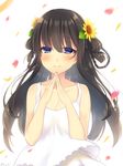  bangs black_hair blue_eyes blush breasts cleavage closed_mouth collarbone commentary_request dress eyebrows_visible_through_hair fingers_together hair_between_eyes half-closed_eyes highres jiiwara long_hair looking_at_viewer medium_breasts original own_hands_together petals smile solo sundress upper_body white_background white_dress 