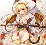  andira_(granblue_fantasy) animal_ears blonde_hair boots bow breasts commentary_request cowboy_shot detached_sleeves erune fantasy granblue_fantasy headgear kurifuto large_bow leg_up leotard looking_at_viewer medium_breasts monkey_ears monkey_tail orange_eyes parted_lips short_hair sideboob simple_background solo standing standing_on_one_leg tail thigh_boots thighhighs two_side_up white_background white_footwear white_leotard 