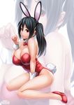  animal_ears bare_shoulders black_hair borrowed_character bow bowtie breasts bunny_ears bunny_tail bunnysuit cleavage commentary detached_collar erkaz fake_animal_ears from_side full_body hairband high_heels highres large_breasts leotard looking_at_viewer looking_to_the_side original parted_lips red_bow red_eyes red_footwear red_leotard red_neckwear shoes sitting skindentation solo tail twintails wariza watermark wrist_cuffs zoom_layer 