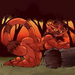  2016 anthro back_muscles bent_over big_breasts breasts butt cheek_tuft crossed_arms crossed_legs cute_fangs featureless_breasts feet female grass green_eyes incineroar log looking_at_viewer muscular muscular_female nintendo open_mouth outside plagueofgripes pok&eacute;mon pok&eacute;morph quads smile solo thick_thighs tree tuft video_games wood yellow_sclera 