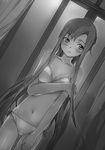  abec asuna_(sao) bikini bra breasts brown_eyes cleavage collarbone cowboy_shot dutch_angle greyscale groin highres indoors looking_away monochrome navel novel_illustration official_art panties side-tie_bikini small_breasts solo stomach swimsuit sword_art_online underwear underwear_only white_bra 