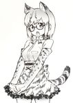  animal_ears animal_print bare_shoulders bow bowtie cat_ears cat_tail commentary elbow_gloves glasses gloves greyscale highres interlocked_fingers kemono_friends looking_at_viewer margay_(kemono_friends) monochrome open_mouth sleeveless sokushinbutsu solo tail 