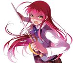  ahoge black_bow bow bowtie braid floating_hair hataraku_maou-sama! holding holding_sword holding_weapon long_hair looking_at_viewer open_mouth red_hair shirt simple_background skirt solo sword very_long_hair weapon white_background white_shirt yellow_eyes yusa_emi 
