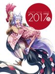  2017 absurdres bird chicken chinese_zodiac fan fox_girl fox_tail happy_new_year highres japanese_clothes kazuki_seihou kimono new_year original revision rooster short_hair silver_hair slit_pupils solo tail year_of_the_rooster yellow_eyes 