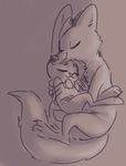  anthro arctic_fox canine cuddling disney duo eyes_closed female fox judy_hopps lagomorph mammal monochrome nobody_(artist) rabbit simple_background size_difference skye_(zootopia) sleepying smile zootopia 