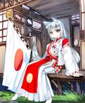  animal_ears breasts commentary_request detached_sleeves fox_ears fox_tail japan japanese_clothes japanese_flag kimono long_hair looking_at_viewer medal medium_breasts original ribbon_trim samazuka_mashiro silver_eyes silver_hair smile solo straight_hair tail wide_sleeves 