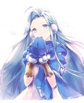  bloom blue_eyes blue_hair blue_scarf bracer deretta dress earmuffs granblue_fantasy hands_together long_hair looking_at_viewer lyria_(granblue_fantasy) mittens scarf simple_background snowflakes solo upper_body white_background 