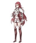  armor belt boots breastplate dress elbow_gloves fire_emblem fire_emblem:_kakusei fire_emblem_heroes full_body garter_straps gauntlets gloves hair_ornament hand_on_hip highres long_hair official_art red_eyes red_hair short_dress skirt solo standing thigh_boots thighhighs tiamo transparent_background ueda_yumehito zettai_ryouiki 