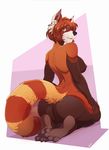  2017 abstract_background big_breasts big_butt black_nose breasts brown_fur brown_hair butt colored fur hair hand_on_leg long_tail looking_at_viewer looking_back mammal multicolored_fur nipples nude open_mouth orange_fur patto pink_background red_eyes red_panda side_boob signature simple_background sitting smile solo white_background white_fur 