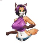  2019 5_fingers anthro belt big_breasts black_hair black_nose breasts canine clothed clothing collar digital_media_(artwork) female fox fur green_eyes hair hi_res highlights hotbento jeans kylie_steel_(lildredre) mammal multicolored_fur navel navel_piercing open_mouth orange_fur pants piercing simple_background smile solo spiked_collar spikes white_background white_fur wide_hips 
