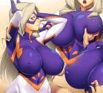  1girl ameoto arms_up blonde_hair blush bodysuit boku_no_hero_academia breast_grab breast_sucking breasts covered_navel domino_mask embarrassed erect_nipples highres horns huge_breasts impossible_clothes long_hair looking_at_viewer mask mount_lady nipple_tweak pink_eyes sequential skin_tight upper_body 