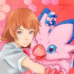  brown_hair digimon digimon_adventure digimon_adventure_tri. hug maru_(marugraphic) pink piyomon purple_eyes smile takenouchi_sora tsukishima_general_high_school_uniform 