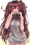  ;d absurdres brown_hair camera eyebrows eyebrows_visible_through_hair girls_frontline hair_between_eyes hair_ribbon highres long_hair looking_at_viewer meme_attire messy_hair nishiro_ryoujin one_eye_closed open_mouth qbz-97_(girls_frontline) ribbon smile solo sweater sweater_vest twintails virgin_killer_sweater yellow_eyes 