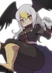  ass bald_eagle_(kemono_friends) belt black_legwear black_wings blazer blonde_hair blue_skirt blush boots breast_pocket breasts buttons clenched_hand commentary_request eyebrows eyebrows_visible_through_hair feathered_wings feathers from_below gloves gradient_hair hair_between_eyes hand_up head_wings highres jacket kemono_friends knee_boots landing large_breasts long_sleeves looking_at_viewer looking_down multicolored_hair nama014 pantyhose pleated_skirt pocket shoe_soles simple_background skirt smile solo thick_thighs thighs tsurime two-tone_hair white_background white_gloves white_hair wings yellow_eyes yellow_footwear 