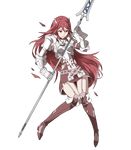  armor belt boots breastplate breasts dress fire_emblem fire_emblem:_kakusei fire_emblem_heroes full_body garter_straps gauntlets hair_ornament highres holding holding_weapon long_hair medium_breasts official_art polearm red_eyes red_hair short_dress skirt solo spear thigh_boots thighhighs tiamo torn_clothes transparent_background ueda_yumehito weapon zettai_ryouiki 