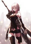  absurdres android bare_shoulders black_gloves black_legwear blue_eyes breasts elbow_gloves gloves highres long_hair looking_at_viewer medium_breasts mole mole_under_mouth nier_(series) nier_automata pro-p silver_hair solo sword thighhighs weapon white_hair yorha_type_a_no._2 