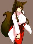  breasts brown_background brown_hair fox_girl fox_tail highres huge_breasts japanese_clothes long_hair looking_at_viewer miko mogu_(kanikama_mgmg) original red_eyes simple_background smile solo tail 
