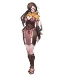  arm_guards breasts brown_eyes brown_hair cleavage fire_emblem fire_emblem_heroes fire_emblem_if full_body greaves hair_over_one_eye highres japanese_clothes kagerou_(fire_emblem_if) lack large_breasts long_hair ninja no_socks official_art sandals scarf solo standing transparent_background 