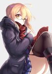  ahoge artoria_pendragon_(all) blonde_hair boots fate/grand_order fate_(series) glasses grey_background highres jacket jazztaki knee_boots looking_at_viewer mysterious_heroine_x_(alter) open_mouth scarf semi-rimless_eyewear sitting skirt solo thighhighs thighs under-rim_eyewear yellow_eyes 