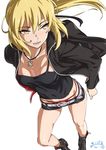  artoria_pendragon_(all) blonde_hair camisole casual fate/grand_order fate_(series) jacket jewelry long_hair necklace ponytail saber_alter short_shorts shorts solo suna thong yellow_eyes 