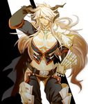  armor balmung_(fate/apocrypha) blue_eyes breasts dark_skin fate/apocrypha fate/grand_order fate_(series) gauntlets genderswap genderswap_(mtf) holding holding_weapon horns huge_breasts long_hair looking_at_viewer mine_(odasol) navel siegfried_(fate) simple_background smile solo sword thong underwear very_long_hair weapon white_hair 