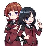  2girls active_raid black_hair blue_eyes blush breasts brown_hair character_request coat crossed_arms kazari_asami multiple_girls necktie open_mouth purple_eyes short_hair skirt suit v wink 