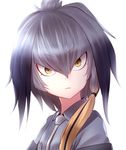 eyebrows_visible_through_hair grey_hair grey_shirt hair_between_eyes head_wings highres kemono_friends looking_at_viewer minust necktie shirt shoebill_(kemono_friends) short_hair simple_background solo upper_body white_background white_neckwear yellow_eyes 