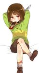  blush_stickers brown_footwear brown_hair brown_shorts candy chara_(undertale) chocolate chocolate_bar commentary_request food green_shirt heart heart_necklace highres holding holding_knife horizontal_stripes knife koretsuna loafers red_eyes shirt shoes short_hair shorts simple_background sitting socks solo striped striped_shirt undertale white_background white_legwear 