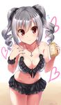  bikini breasts cleavage cross cross_necklace drill_hair eyebrows_visible_through_hair hair_ribbon heart highres idolmaster idolmaster_cinderella_girls jewelry kanzaki_ranko large_breasts midriff navel necklace paopao red_eyes ribbon silver_hair simple_background solo swimsuit twin_drills twintails twitter_username 