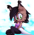  anthro archie_comics black_hair black_nose brown_fur clothed clothing feline female fur gloves green_eyes hair happy inner_ear_fluff jewelry kelly long_hair looking_at_viewer lynx mammal nicole_the_lynx simple_background sitting smile solo sonic_(series) 
