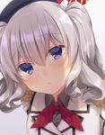  beret blue_eyes blurry depth_of_field epaulettes hair_between_eyes hat highres jiiwara kantai_collection kashima_(kantai_collection) kerchief lips looking_at_viewer military military_uniform parted_lips sidelocks silver_hair solo tsurime twintails uniform wavy_hair 