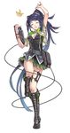  bangs banpresto bird blue_hair breasts cleavage eyes_closed gradient_hair green_ribbon high_boots miniskirt neon_green official_art oz_(super_robot_wars_x-omega) pleated_skirt ribbon skirt super_robot_wars super_robot_wars_x-omega tablet thighs very_long_hair 