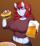  ;) abs aoi_(ittla) beer_mug blue_skin blush_stickers breasts brown_background brown_shirt cup food french_fries hamburger highres holding holding_cup horns ittla large_breasts long_hair looking_at_viewer midriff monster_girl navel one_eye_closed oni original pants plate pointy_ears red_hair shirt slit_pupils smile solo yellow_eyes 