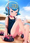  blue_eyes blue_hair blush crossed_legs fishbowl fishing_rod gen_7_pokemon hairband hideousbeing one-piece_swimsuit pokemon pokemon_(creature) pokemon_(game) pokemon_sm pyukumuku short_hair sitting smile suiren_(pokemon) swimsuit trial_captain wishiwashi 