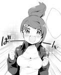  1girl asahina_aoi breasts commentary_request danganronpa danganronpa_1 hair_ornament jacket lowres open_mouth ponytail smile solo 