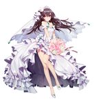  anklet bare_shoulders bear_hair_ornament black_hair blush bouquet bridal_veil closed_mouth detached_sleeves diadem dress floating_hair flower full_body gloves hair_between_eyes hair_ornament high_heels iron_saga jewelry long_hair looking_at_viewer necklace red_eyes short_sleeves solo standing su_rui_(iron_saga) veil wedding_dress white_background white_dress white_gloves zjsstc 